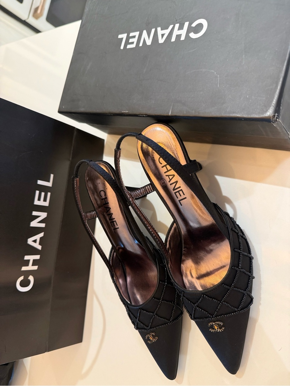 Gently Worn CHANEL Black Beaded Slingback Pointed-Toe Pumps. Vintage! - Picture 3 of 16